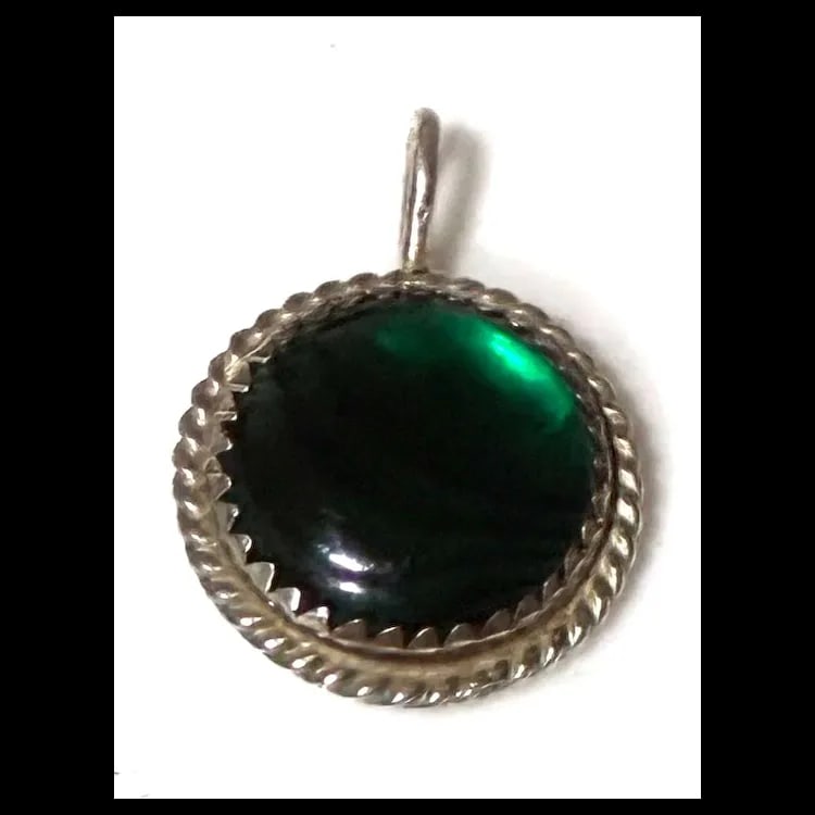 Estate Emerald Green Glass Cabachon Pendant with Fox Logo on Reverse Side - 2