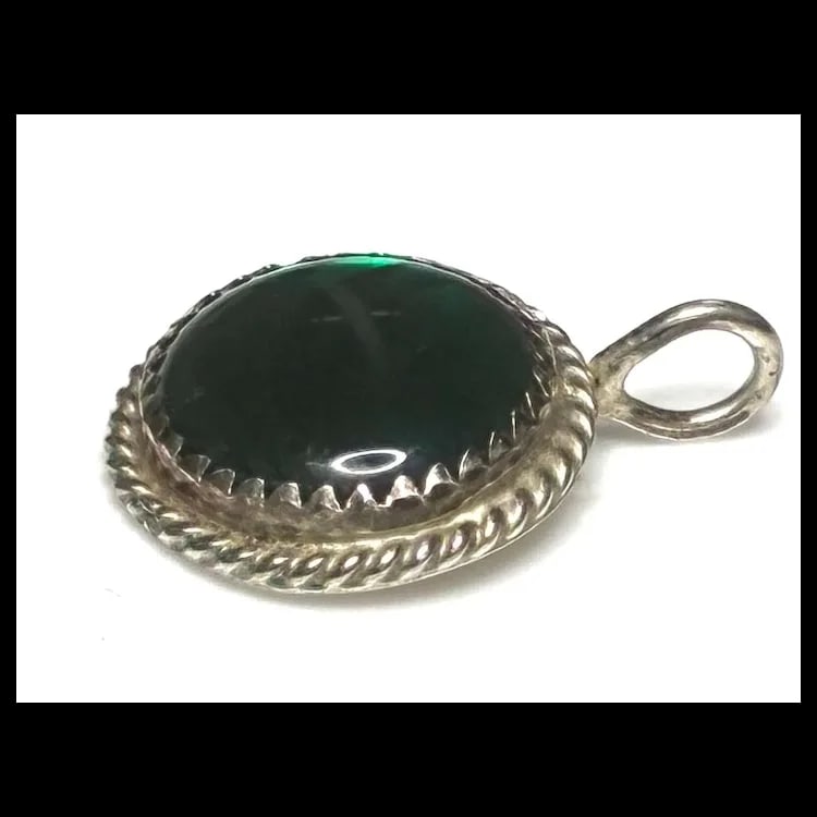Estate Emerald Green Glass Cabachon Pendant with Fox Logo on Reverse Side - 3