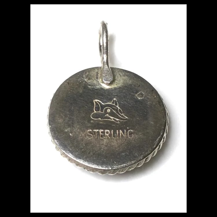 Estate Emerald Green Glass Cabachon Pendant with Fox Logo on Reverse Side - 4