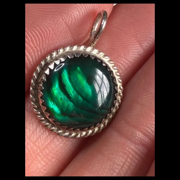 Estate Emerald Green Glass Cabachon Pendant with Fox Logo on Reverse Side - 5