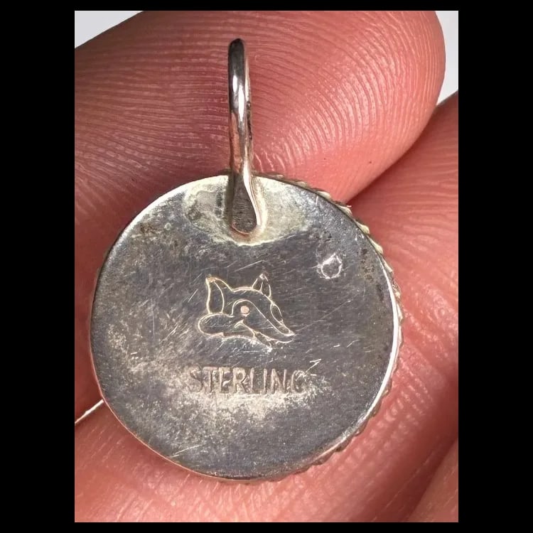 Estate Emerald Green Glass Cabachon Pendant with Fox Logo on Reverse Side - 6
