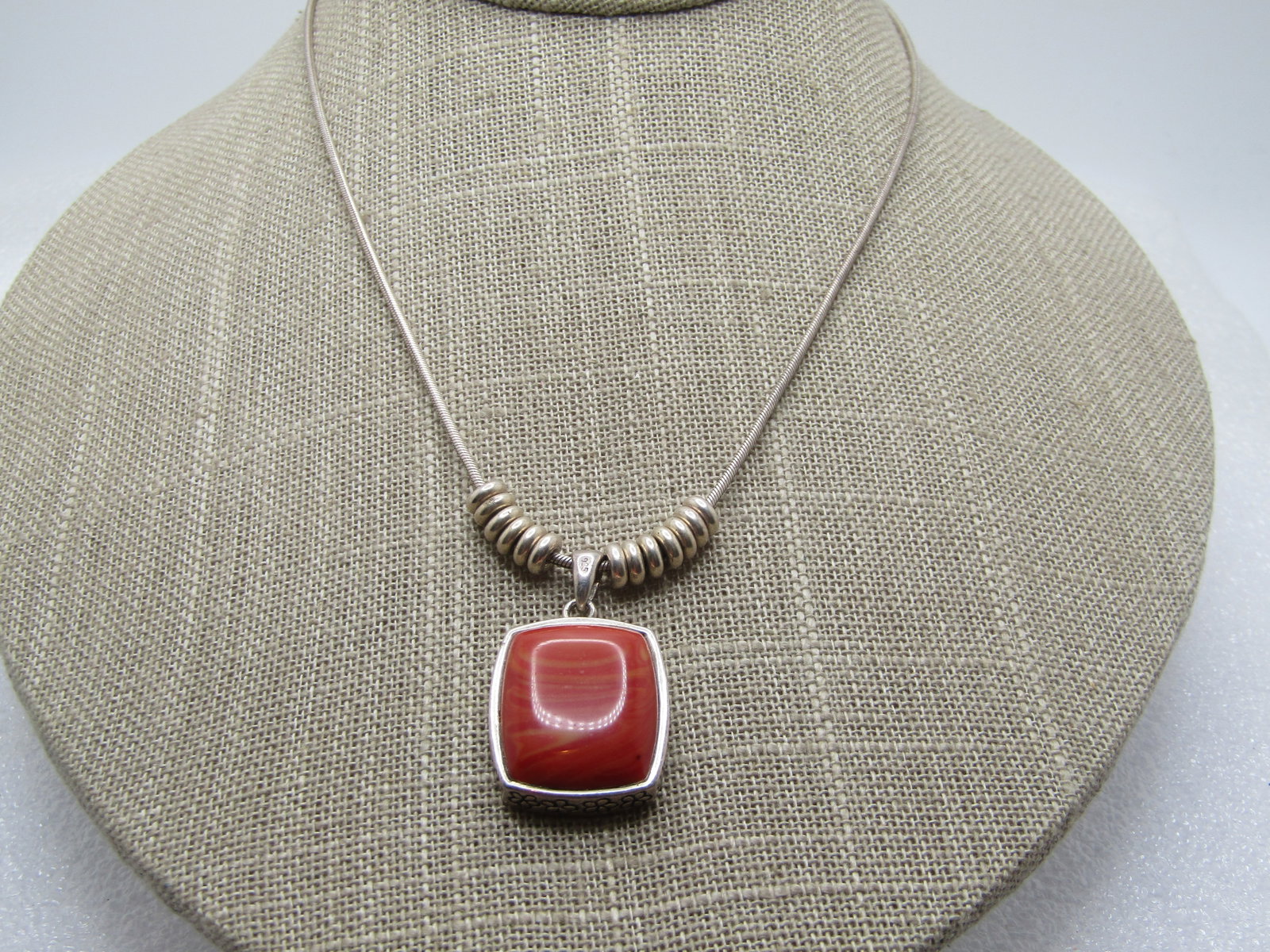 Vintage Sterling Faux Agate Necklace, 16" Signed B , 1980's-1980's (1 of 6)