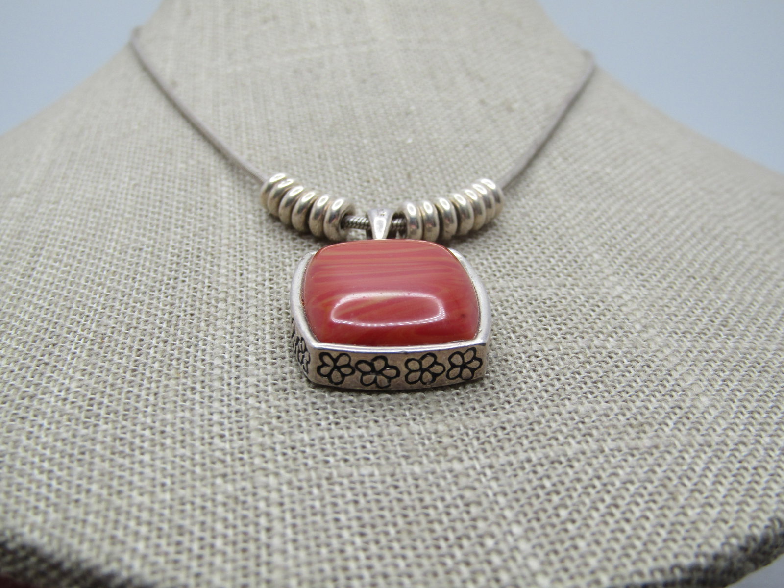 Vintage Sterling Faux Agate Necklace, 16" Signed B , 1980's-1980's - 2