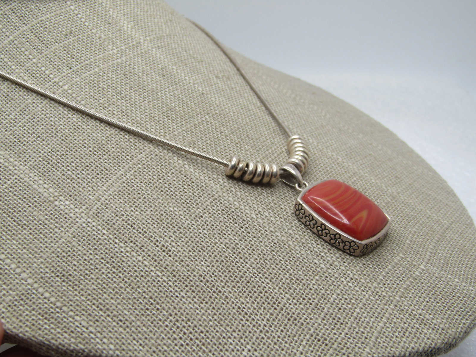 Vintage Sterling Faux Agate Necklace, 16" Signed B , 1980's-1980's - 3