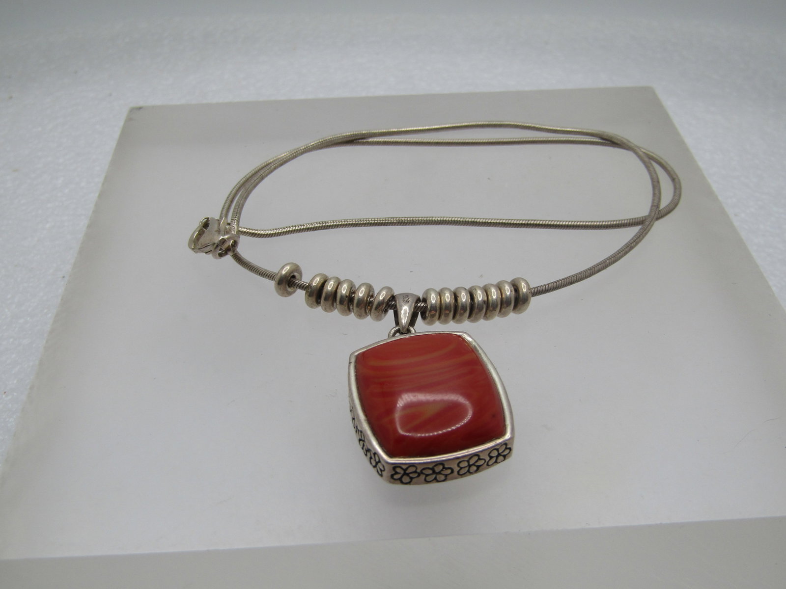 Vintage Sterling Faux Agate Necklace, 16" Signed B , 1980's-1980's - 5