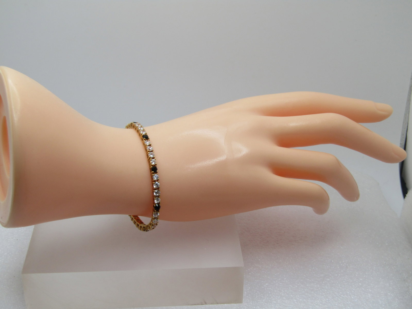 Vintage Black & Clear Tennis Bracelet, 7.25", Signed LR, 1980's-1990's - 6