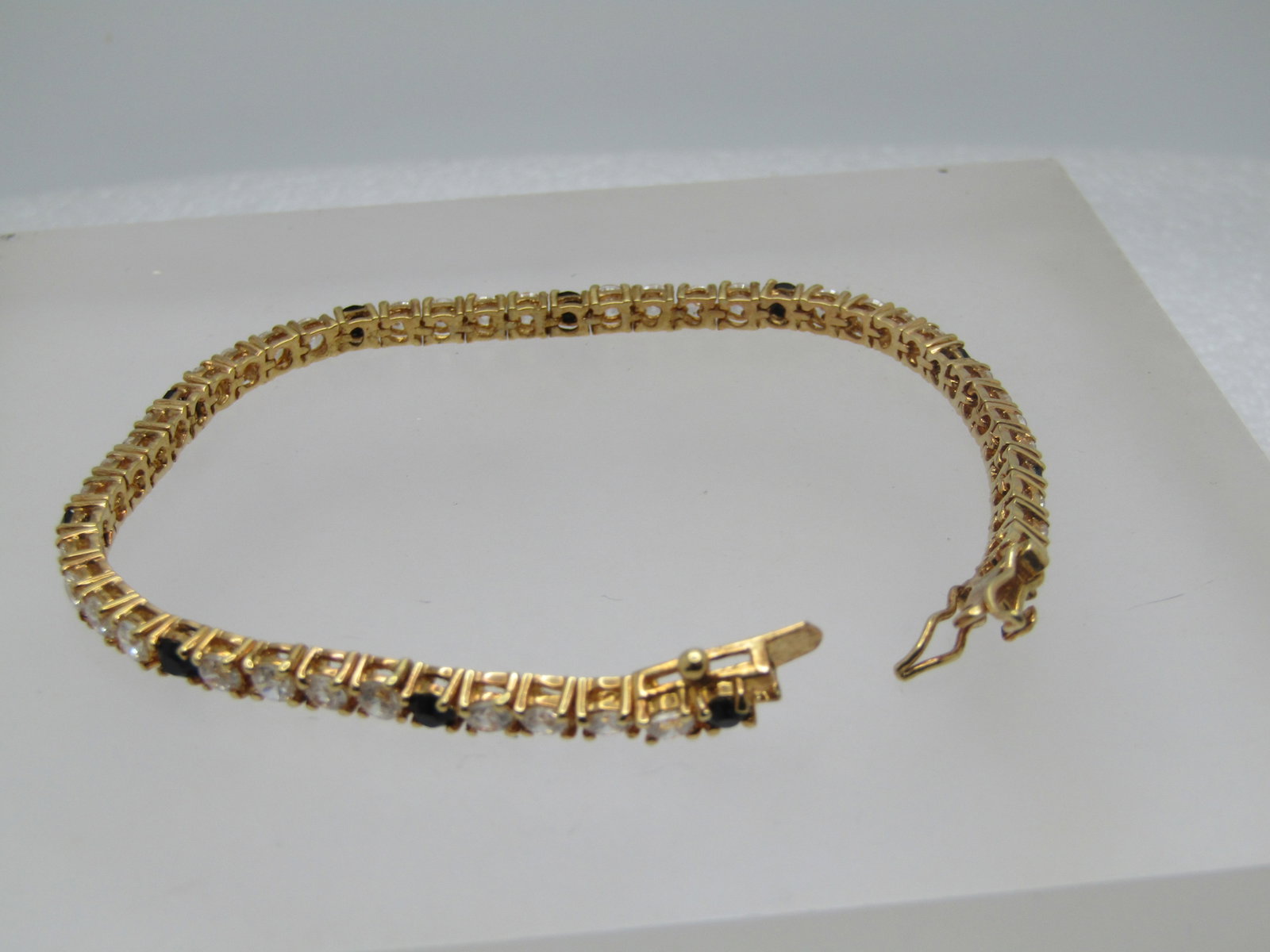 Vintage Black & Clear Tennis Bracelet, 7.25", Signed LR, 1980's-1990's - 7