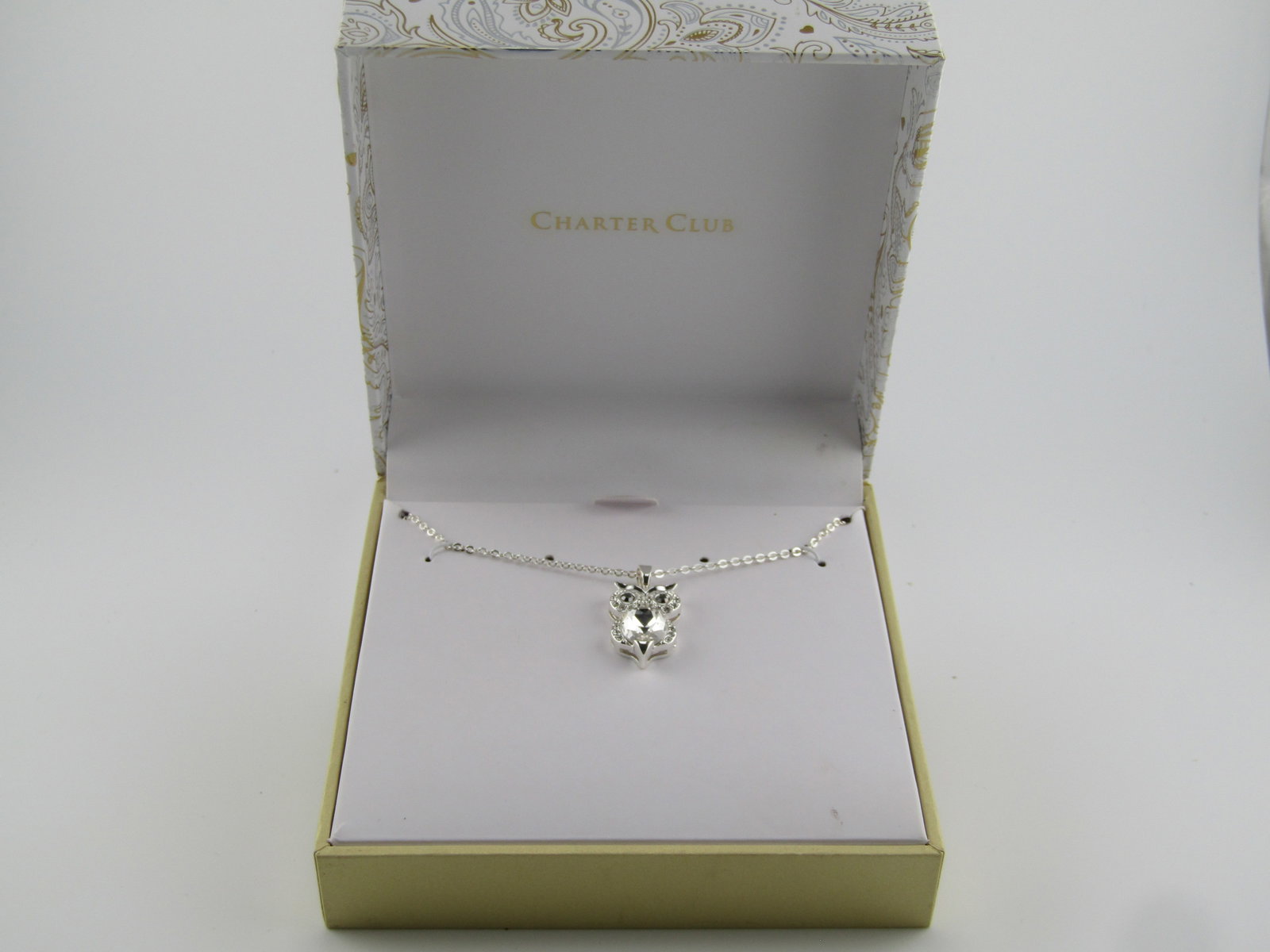 Charter Club Owl Necklace, Rhinestone Belly/Eyes, Vintage New/Original Box, 1990's: Title: Charter Club Owl Necklace, Rhinestone Belly/Eyes, Vintage New/Original Box, 1990's Description: Charter Club Owl Necklace, Rhinestone Belly/Eyes, Vintage New/Original Box, 1990's. Silver tone w