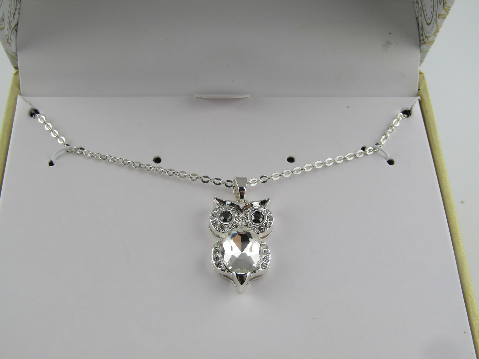 Charter Club Owl Necklace, Rhinestone Belly/Eyes, Vintage New/Original Box, 1990's - 2
