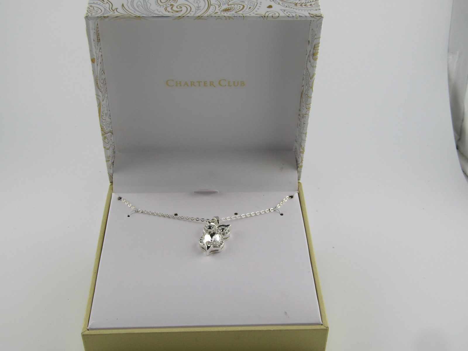 Charter Club Owl Necklace, Rhinestone Belly/Eyes, Vintage New/Original Box, 1990's - 4