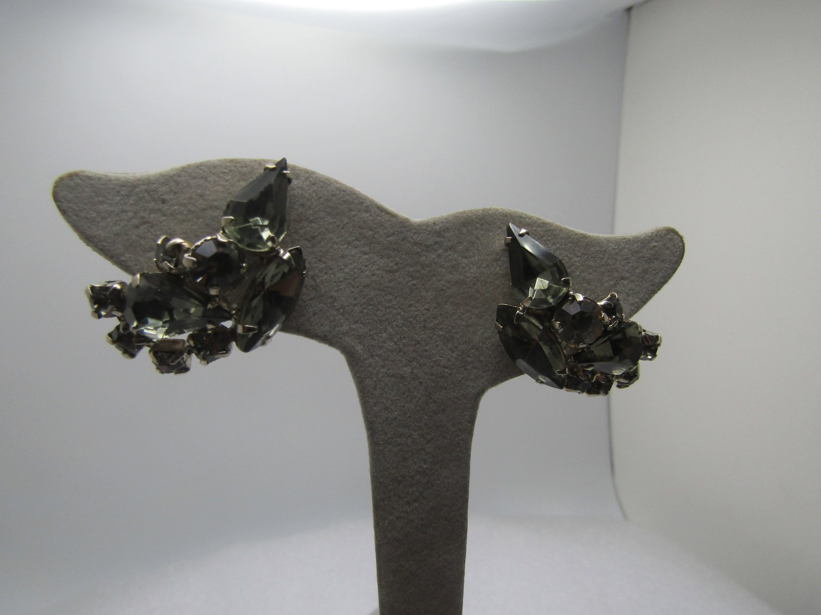 Vintage Smoky Rhinestone Clip Earrings, 1940's-1960's (1 of 7)