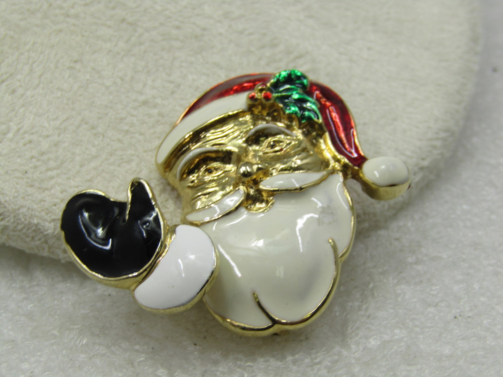 Vintage Waving Enameled Santa Trembler Brooch, 1970's-1980's: Title: Vintage Waving Enameled Santa Trembler Brooch, 1970's-1980's Description: Vintage Waving Enameled Santa Trembler Brooch, 1970's-1980's. Gold tone base metal with red, white, black, and green en