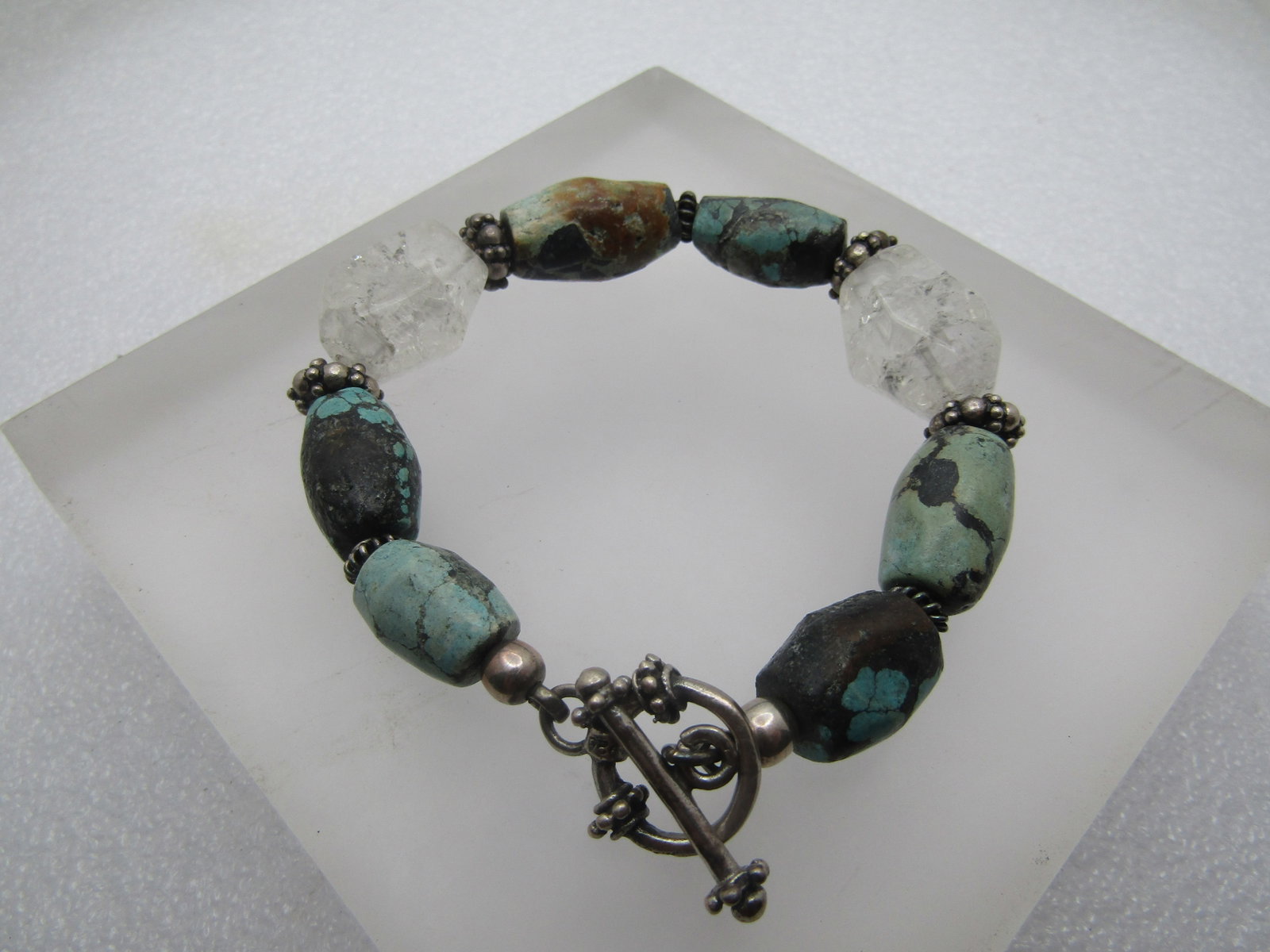 Vintage Sterling Turquoise & Clear Stone Bracelet, Southwestern, 8", 1980's-1990's (1 of 6)