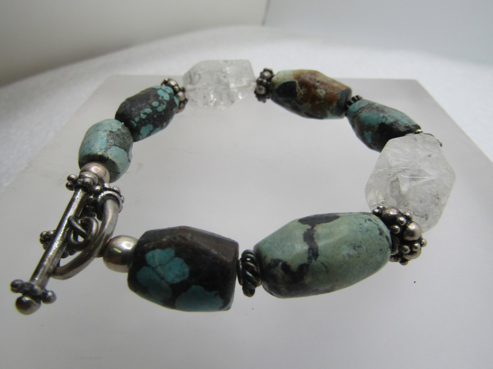 Vintage Sterling Turquoise & Clear Stone Bracelet, Southwestern, 8", 1980's-1990's - 2