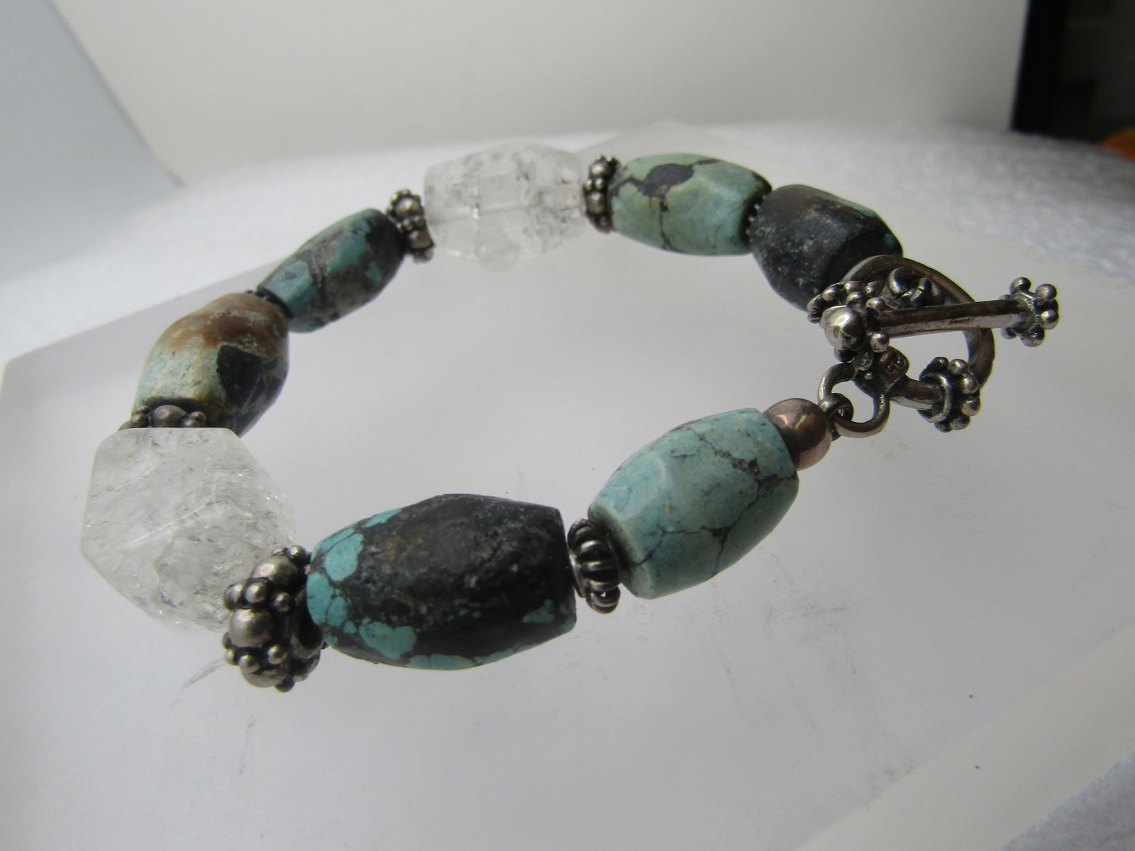Vintage Sterling Turquoise & Clear Stone Bracelet, Southwestern, 8", 1980's-1990's - 3