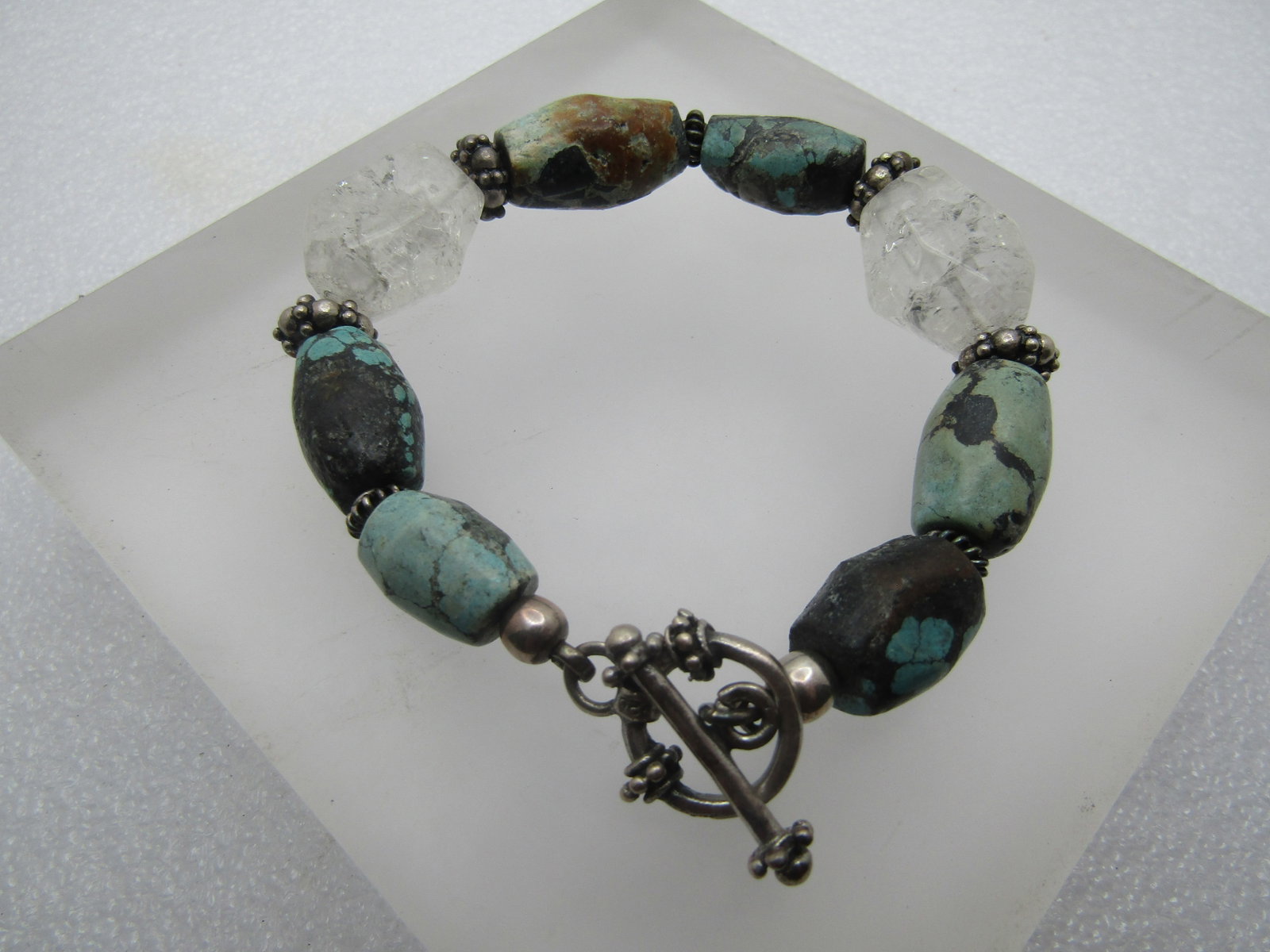 Vintage Sterling Turquoise & Clear Stone Bracelet, Southwestern, 8", 1980's-1990's - 4