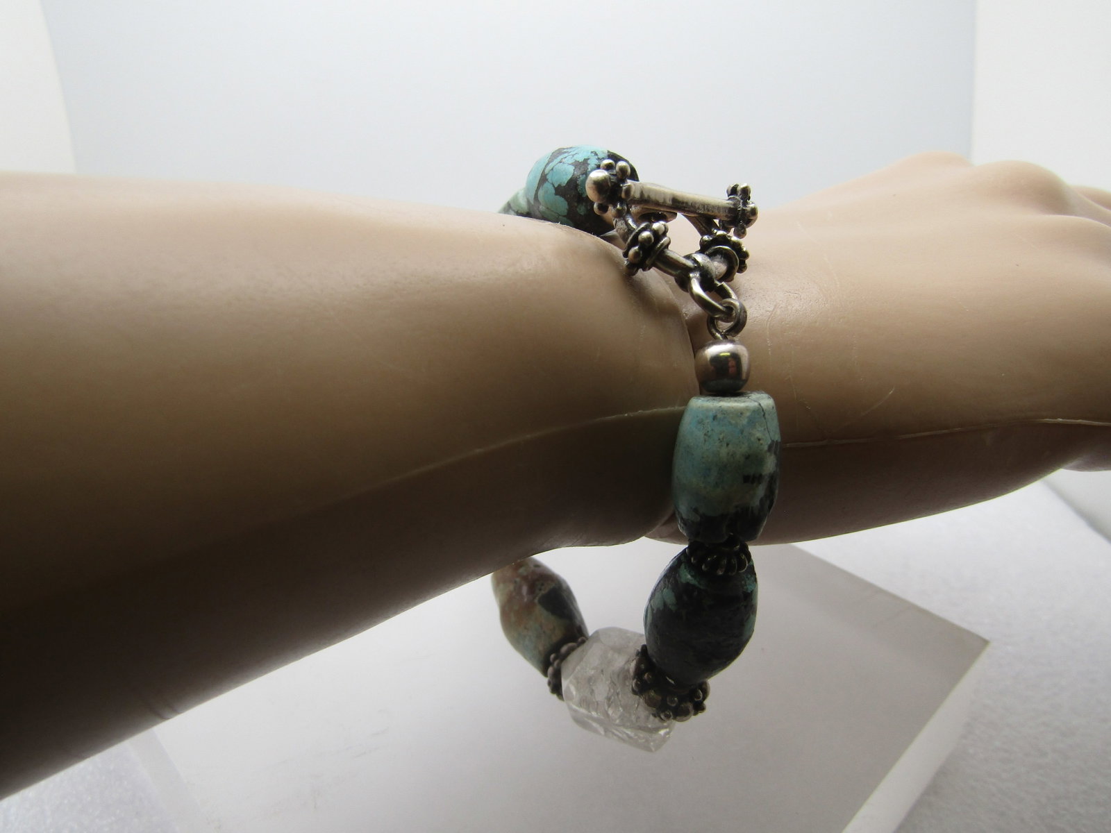 Vintage Sterling Turquoise & Clear Stone Bracelet, Southwestern, 8", 1980's-1990's - 5