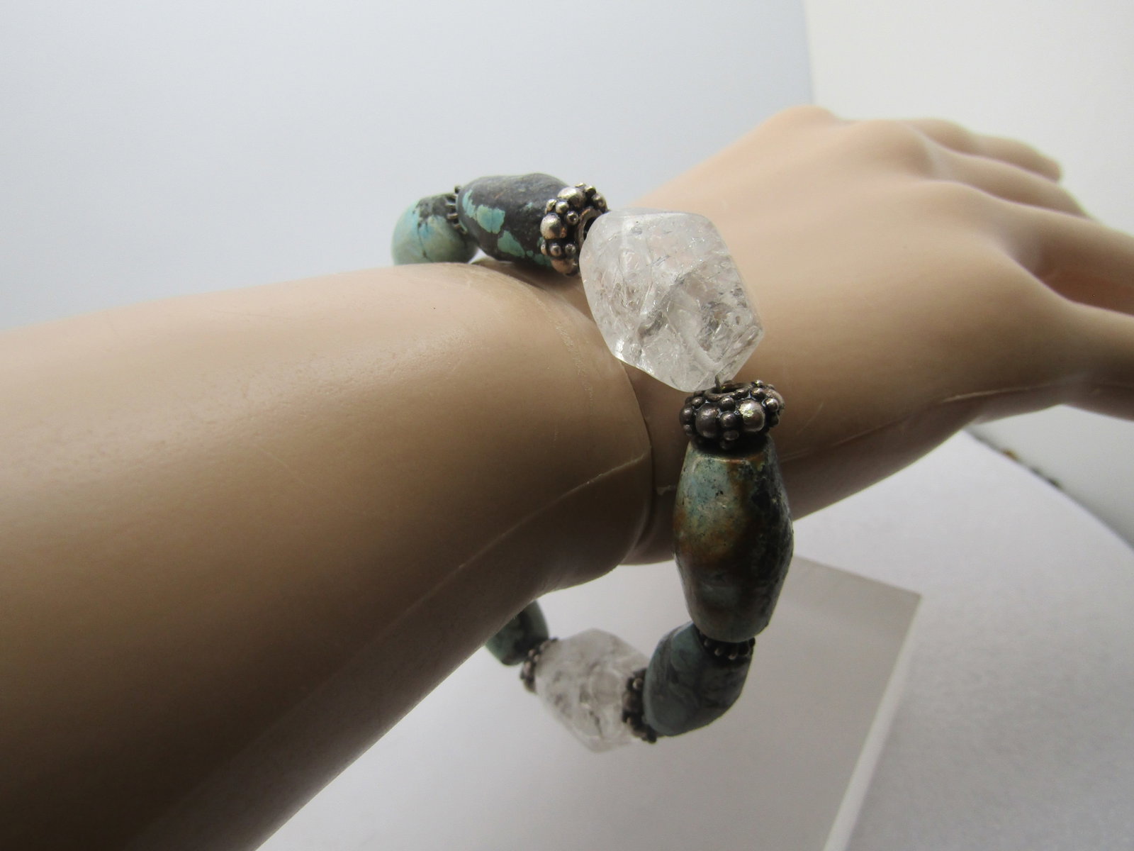 Vintage Sterling Turquoise & Clear Stone Bracelet, Southwestern, 8", 1980's-1990's - 6