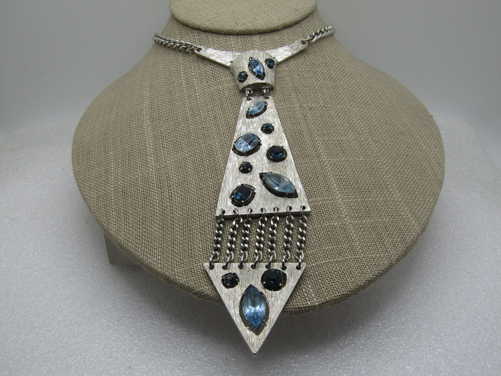 Vintage Blue Rhinestone Tie Necklace, 1960's-1970's, 15.5" - 2