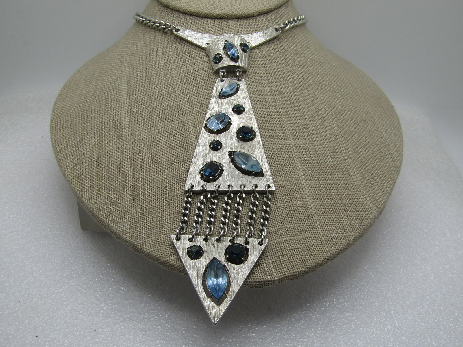 Vintage Blue Rhinestone Tie Necklace, 1960's-1970's, 15.5" - 3