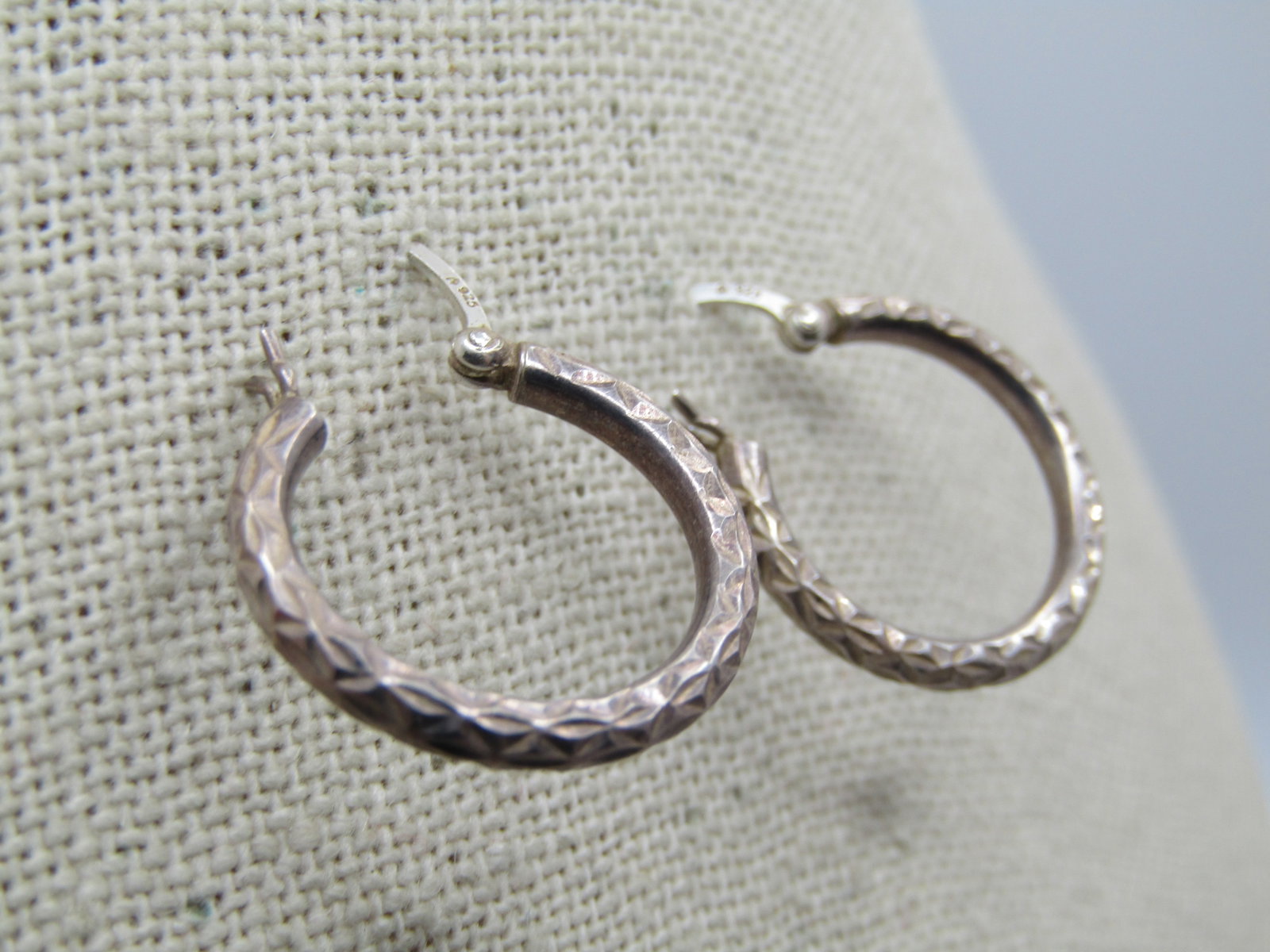 Vintage Sterling Notched Hoop Earrings, Pierced, 1970's-1980's, Signed - 2