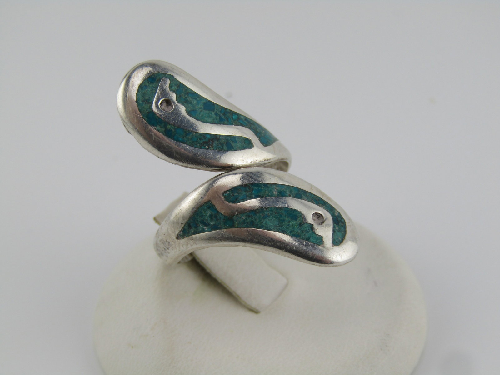 Vintage Sterling Southwestern Inlaid Turquoise Chip Ring, Bypass Adustable, 1970's-1980's. Signed - 3