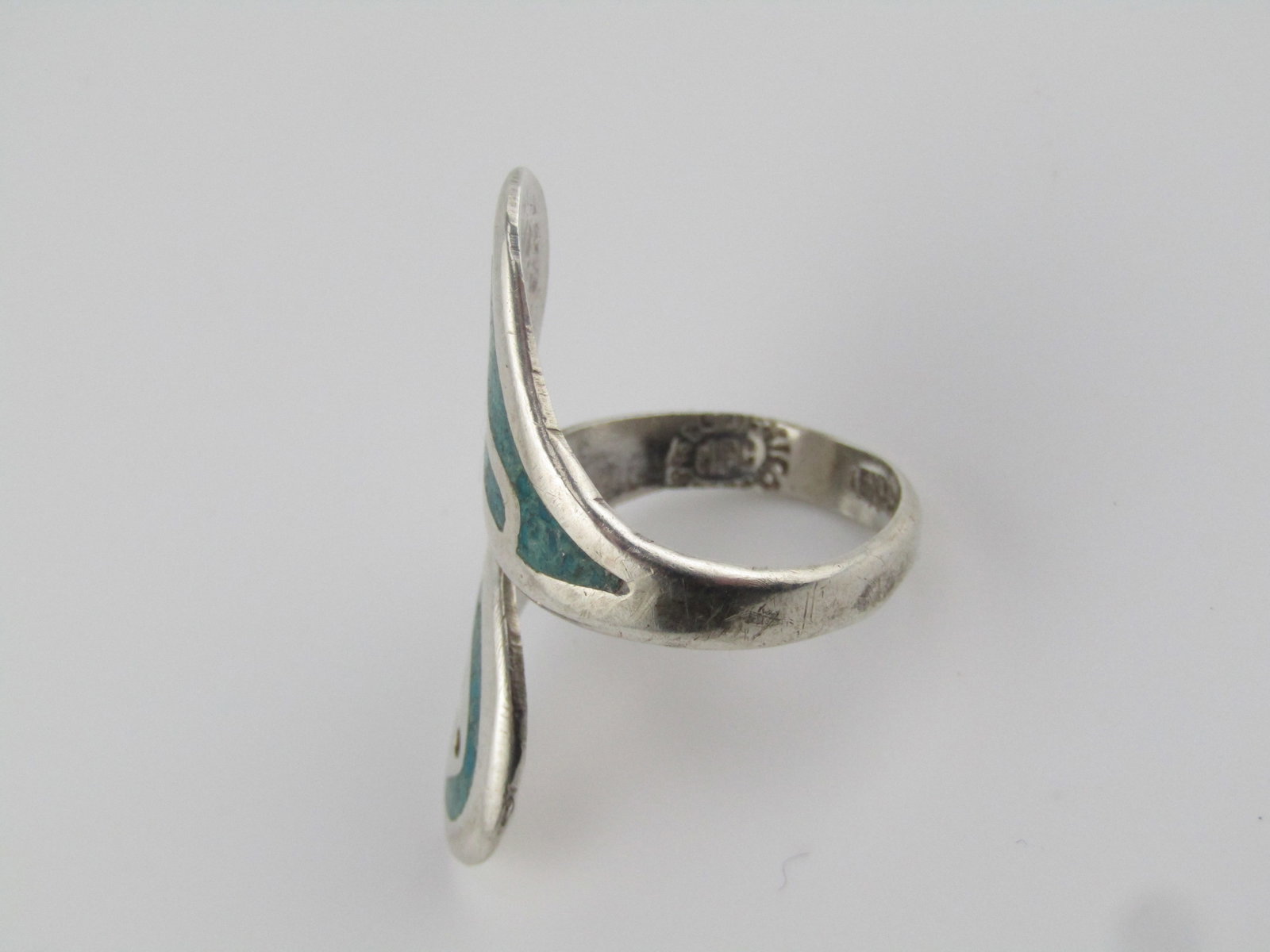 Vintage Sterling Southwestern Inlaid Turquoise Chip Ring, Bypass Adustable, 1970's-1980's. Signed - 5