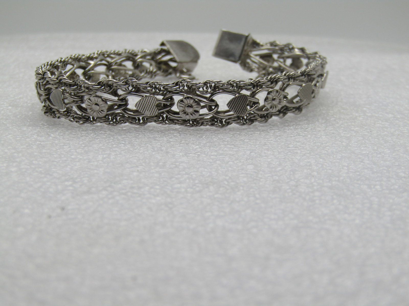 Vintage Sterling Hearts & Flowers Wide Bracelet, 7.5", Signed R, 1970's - 2