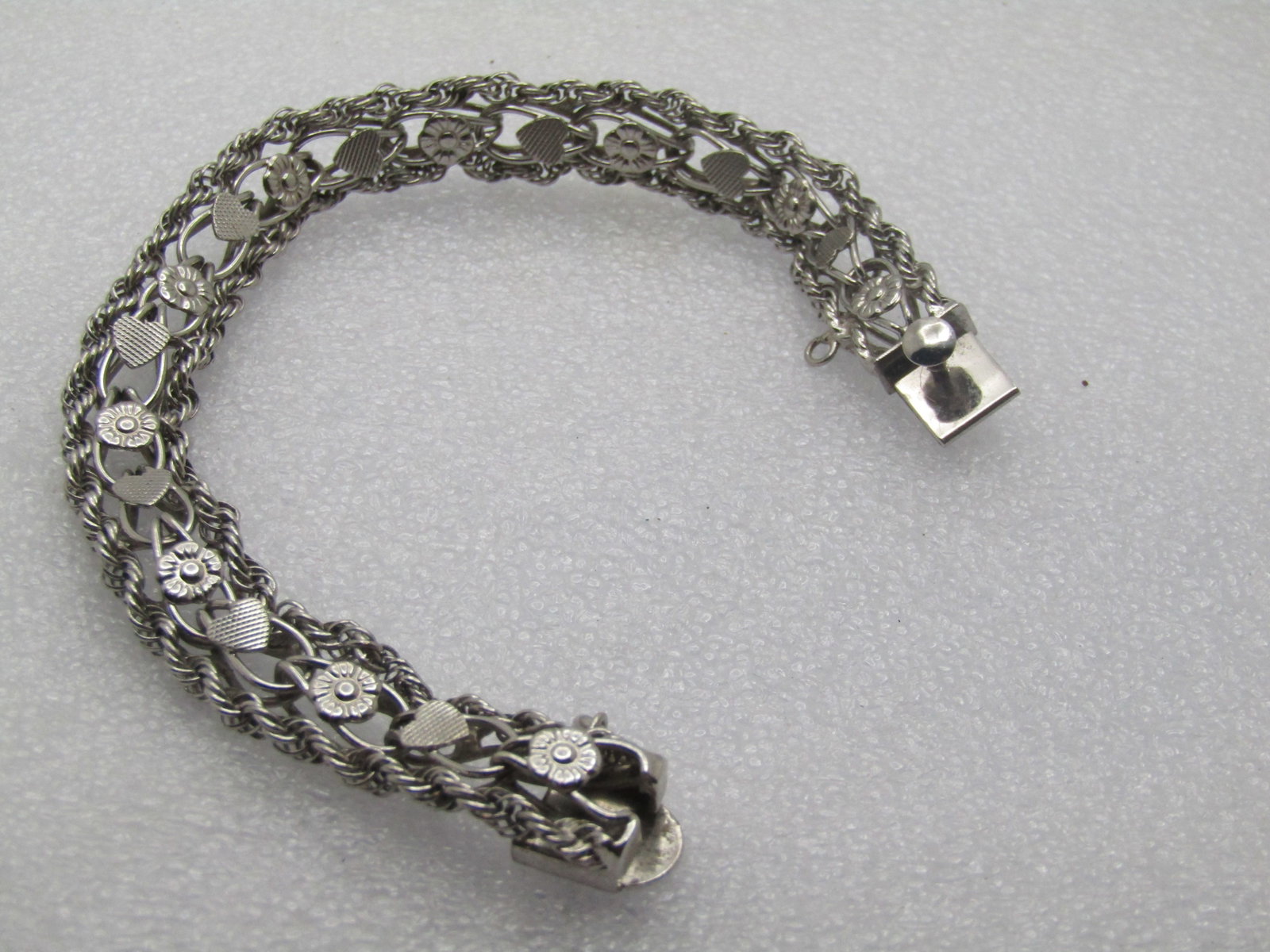 Vintage Sterling Hearts & Flowers Wide Bracelet, 7.5", Signed R, 1970's - 4