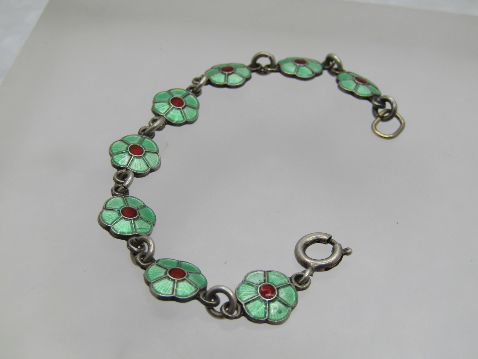 Vintage Green Guilloche Floral Link Bracelet, Signed Volmer Bahner, Denmark, 5.25" - 2