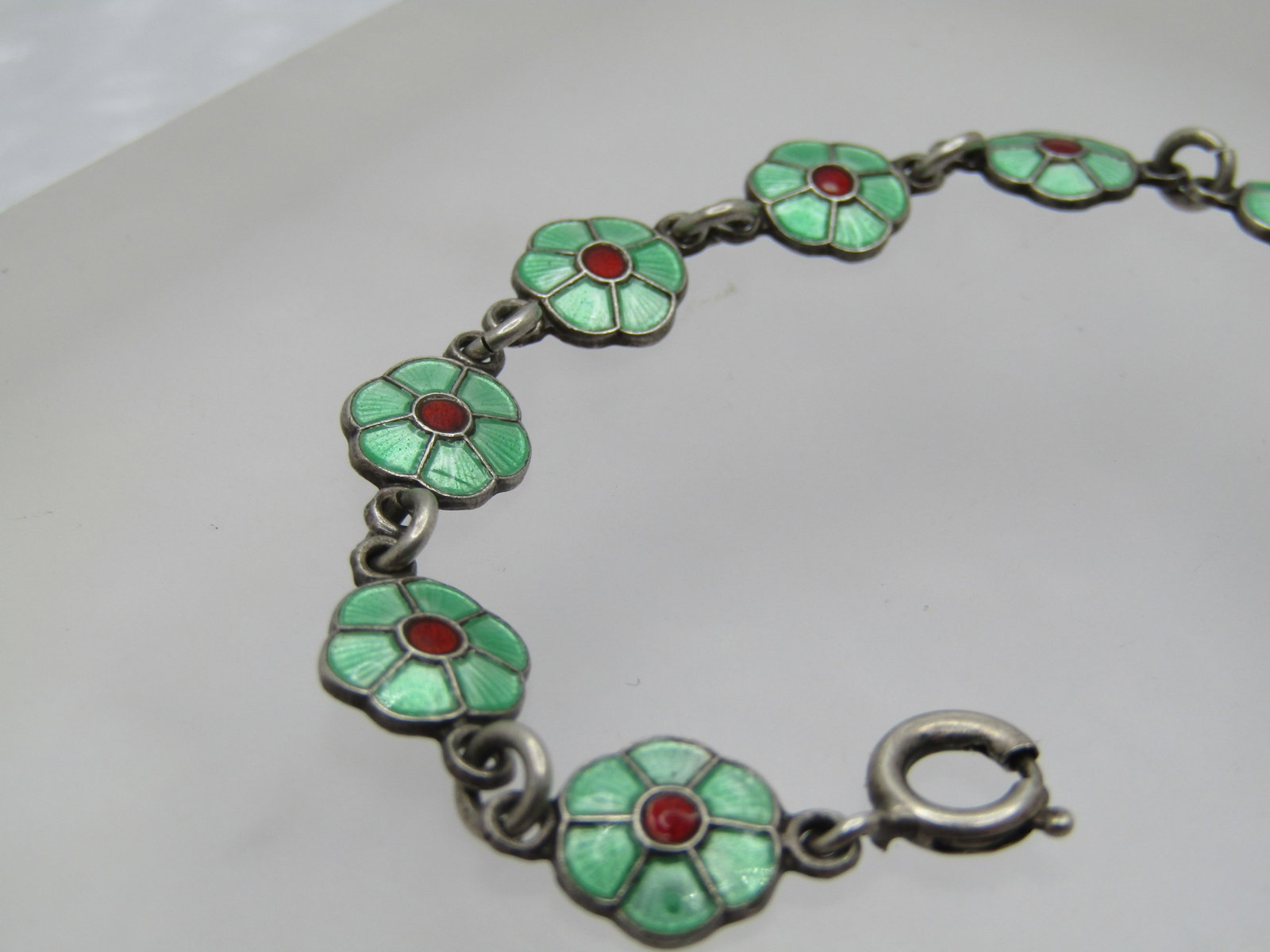 Vintage Green Guilloche Floral Link Bracelet, Signed Volmer Bahner, Denmark, 5.25" - 4