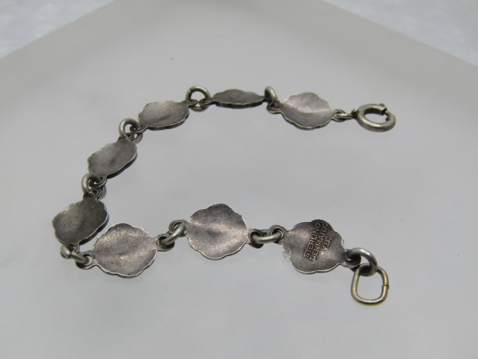 Vintage Green Guilloche Floral Link Bracelet, Signed Volmer Bahner, Denmark, 5.25" - 6