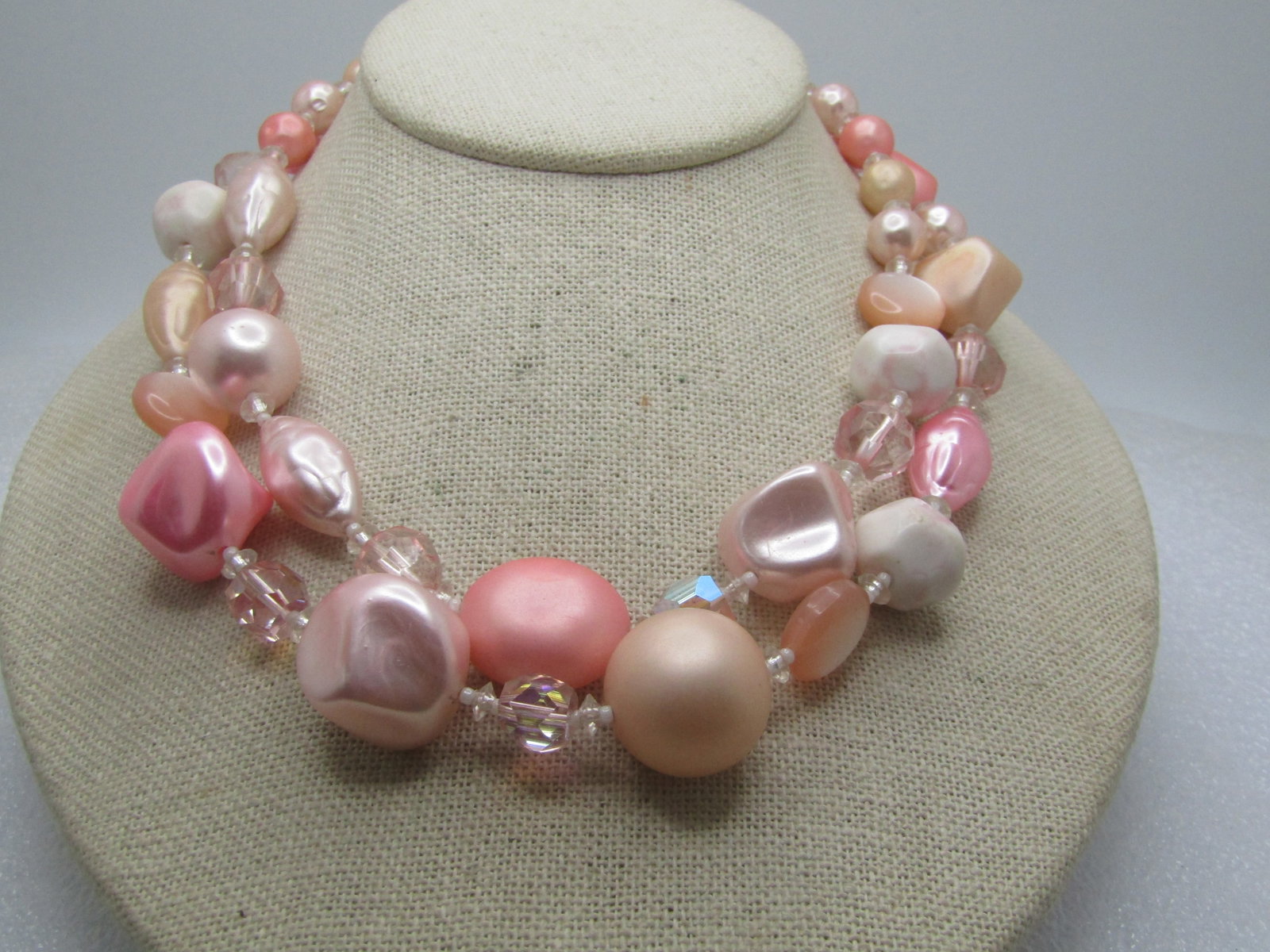 Vintage Pink Faux Pearl Necklace, Japan, 1950's, 18", Double Strand: Title: Vintage Pink Faux Pearl Necklace, Japan, 1950's, 18", Double Strand Description: Vintage Pink Faux Pearl Necklace, Japan, 1950's, 18", Double Strand. A mix of types of shades of pink faux