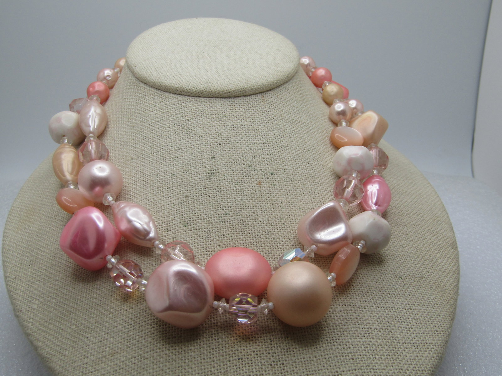 Vintage Pink Faux Pearl Necklace, Japan, 1950's, 18", Double Strand - 2