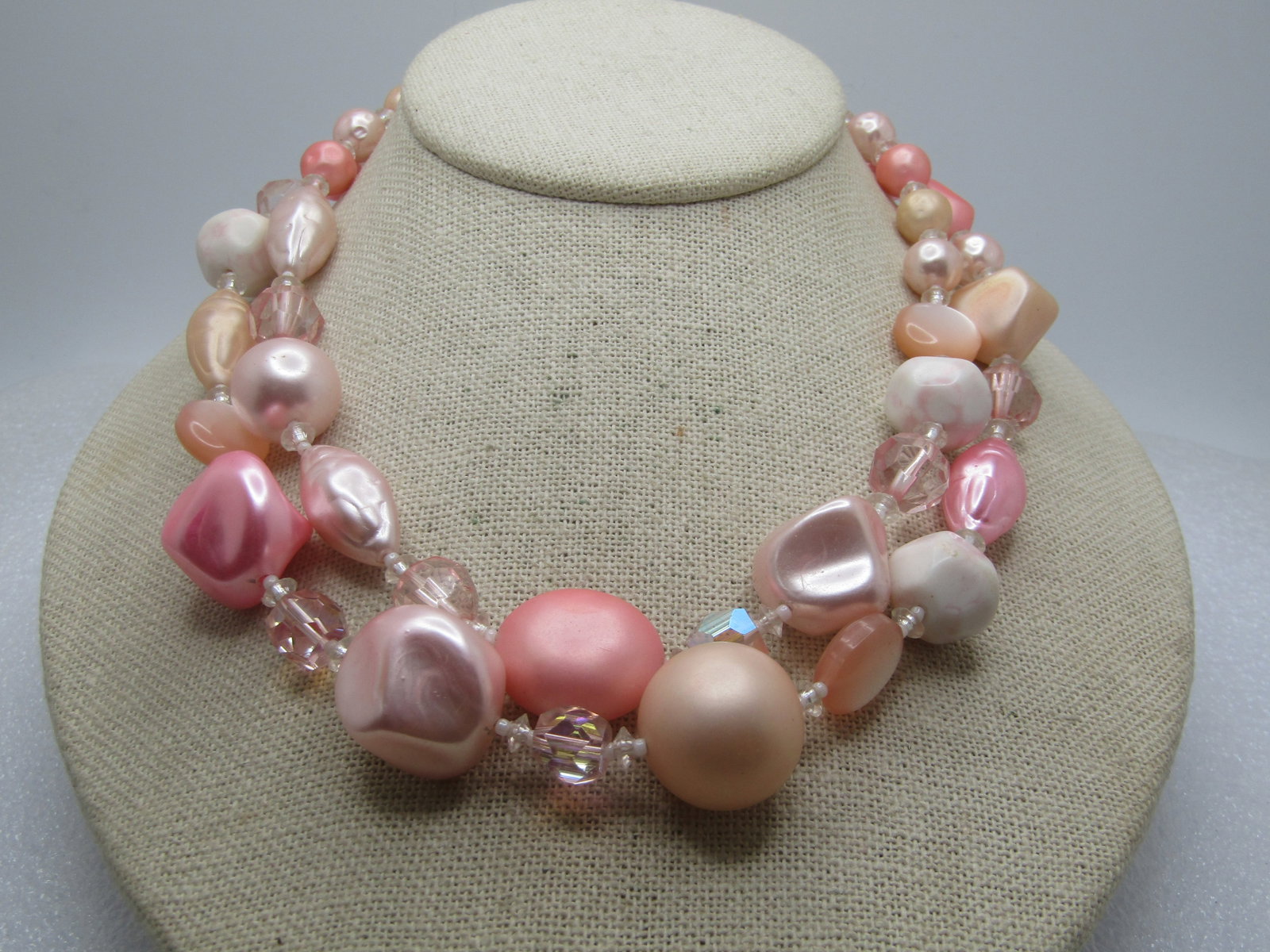 Vintage Pink Faux Pearl Necklace, Japan, 1950's, 18", Double Strand - 3