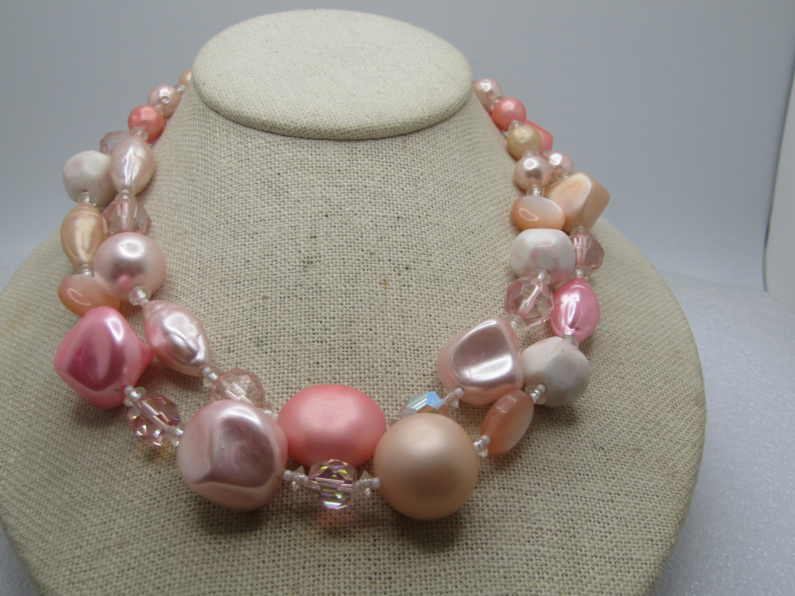 Vintage Pink Faux Pearl Necklace, Japan, 1950's, 18", Double Strand - 4