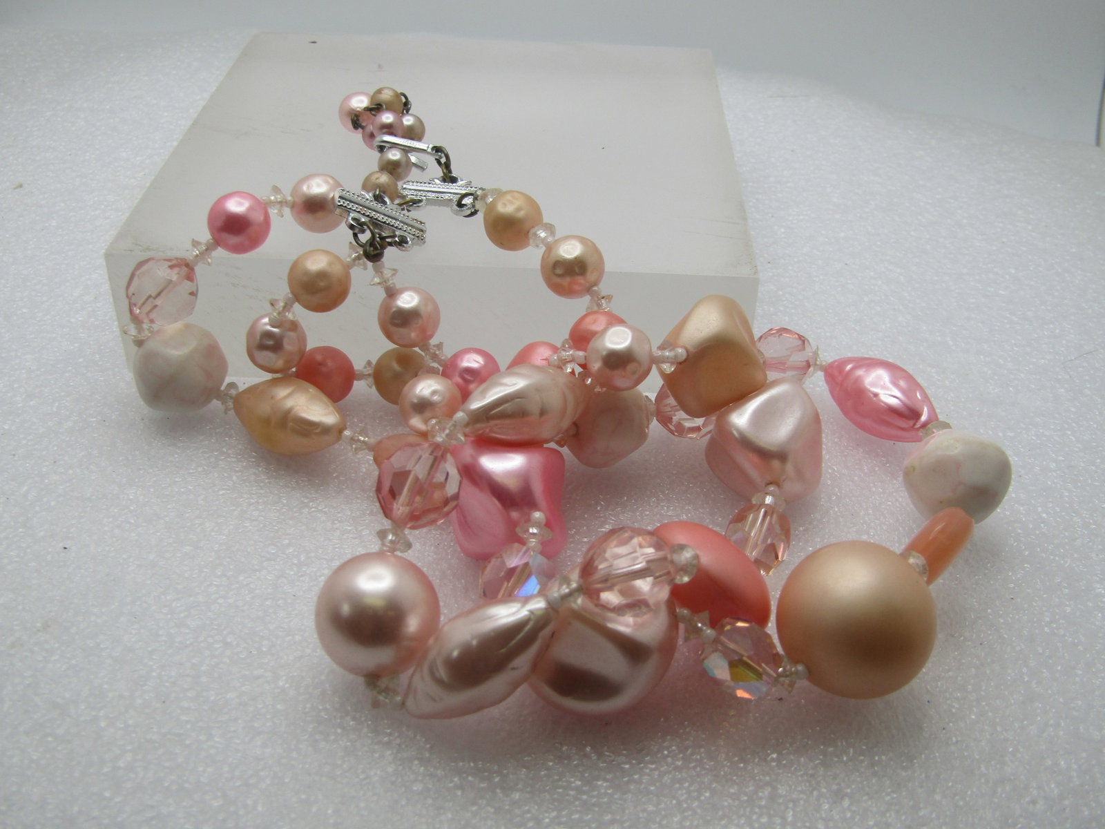 Vintage Pink Faux Pearl Necklace, Japan, 1950's, 18", Double Strand - 6