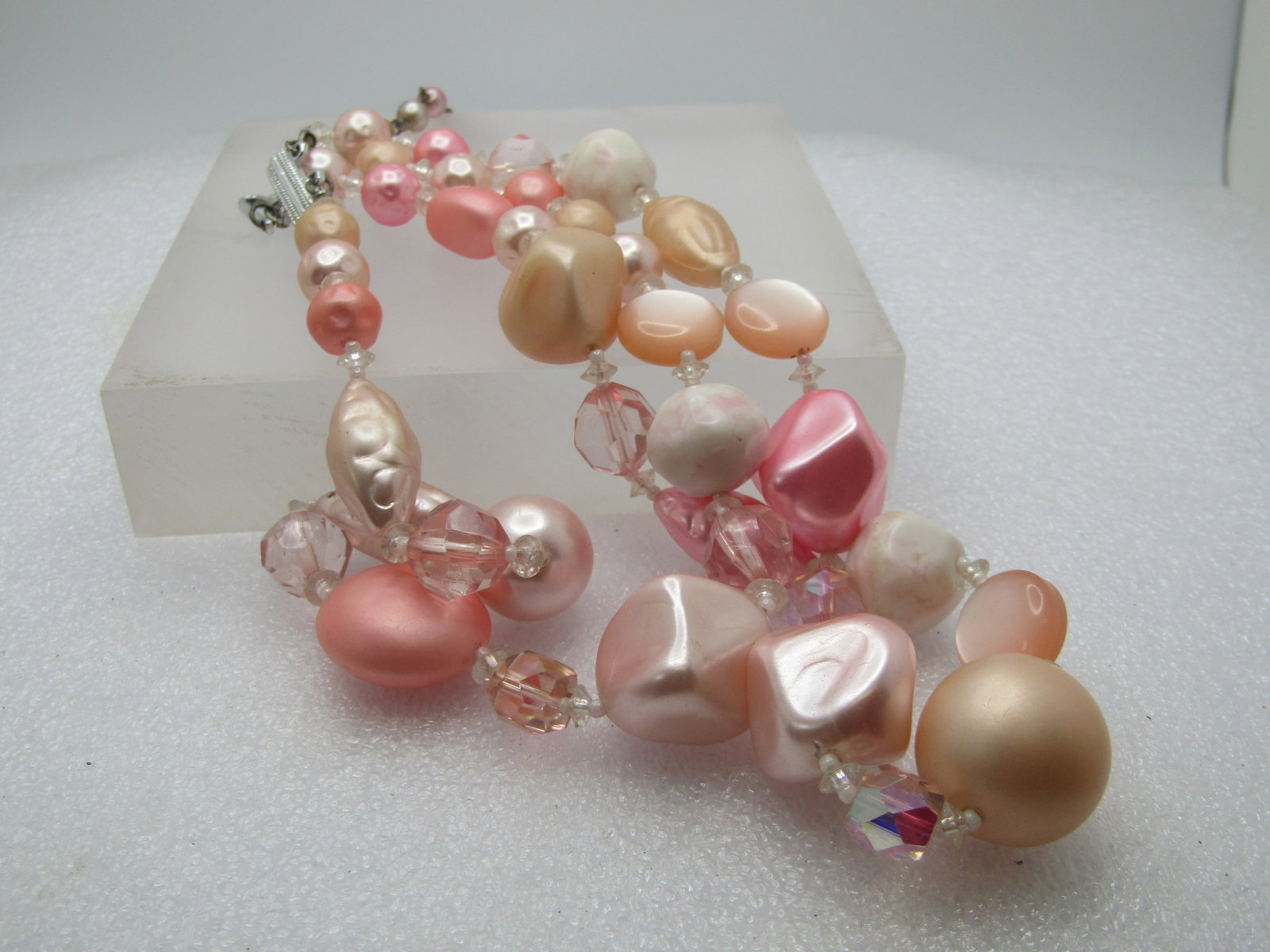 Vintage Pink Faux Pearl Necklace, Japan, 1950's, 18", Double Strand - 8
