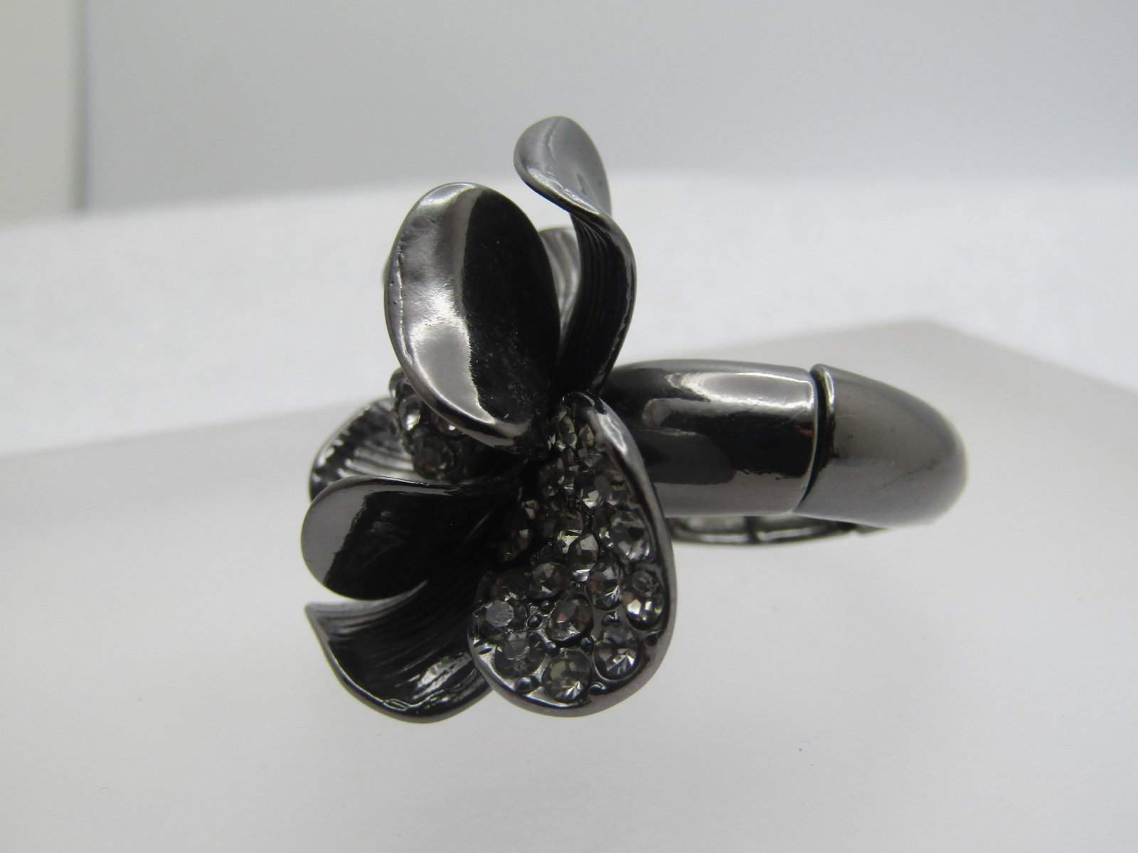 Large Rhinestone Flower Blossom Ring, Adjustable, 1990's-2000's - 2