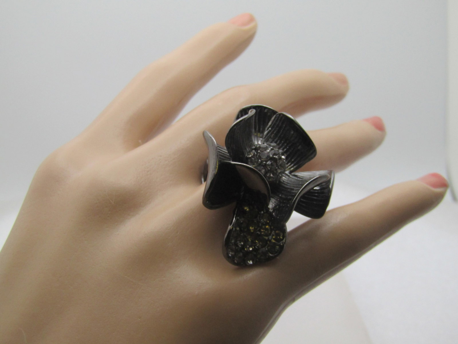 Large Rhinestone Flower Blossom Ring, Adjustable, 1990's-2000's - 5