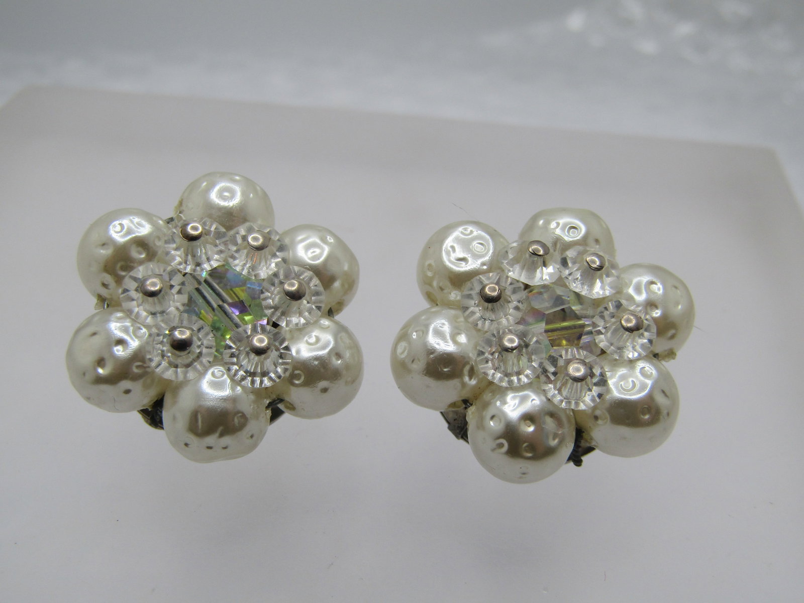 Vintage Faux Pearl & Crystal Earrings, Clip, 1940's-1950's: Title: Vintage Faux Pearl & Crystal Earrings, Clip, 1940's-1950's Description: Vintage Faux Pearl & Crystal Earrings, Clip, 1940's-1950's. Faux baroque pearls that are appx. 7.5mm arranged in a