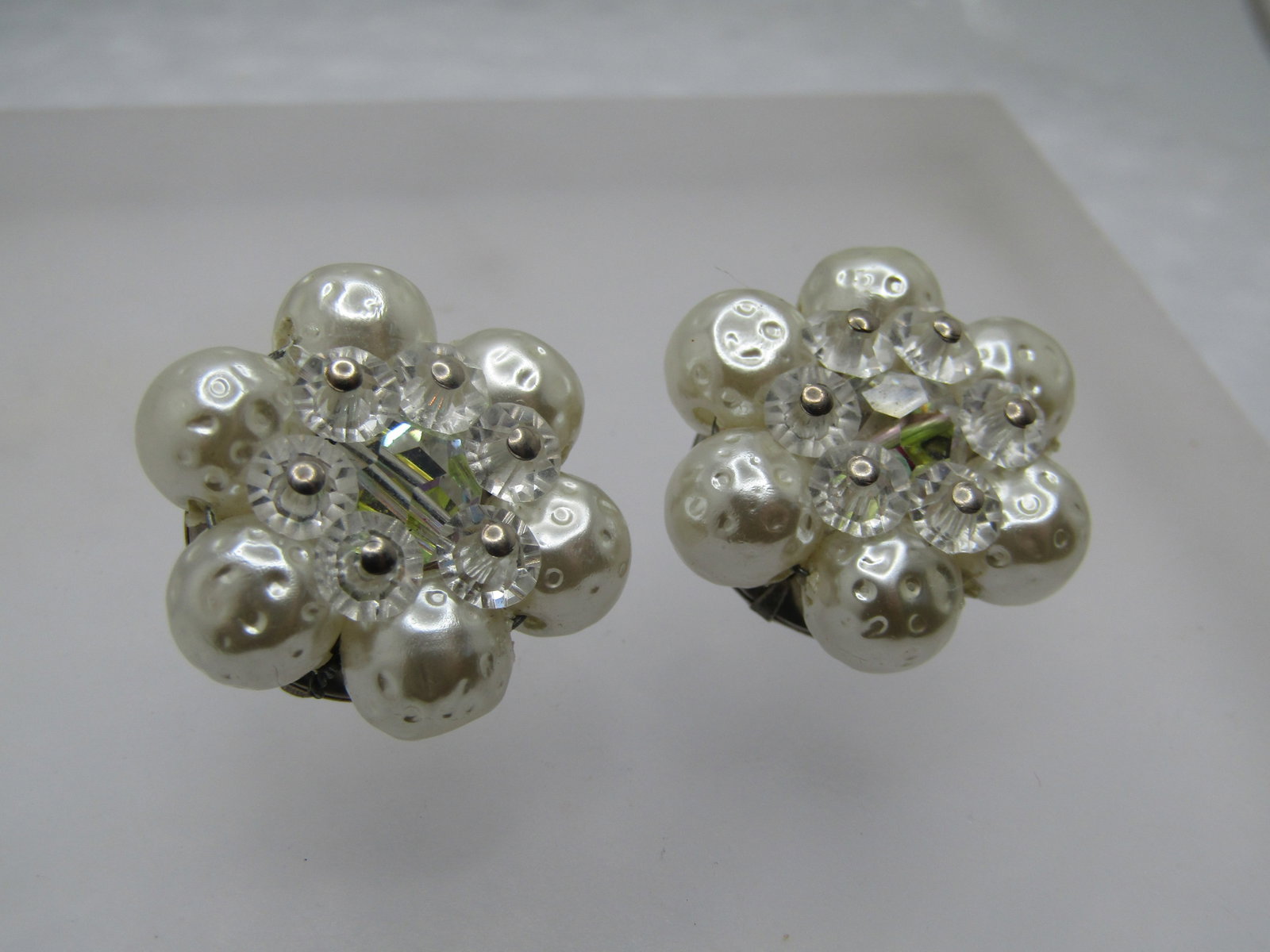 Vintage Faux Pearl & Crystal Earrings, Clip, 1940's-1950's - 2