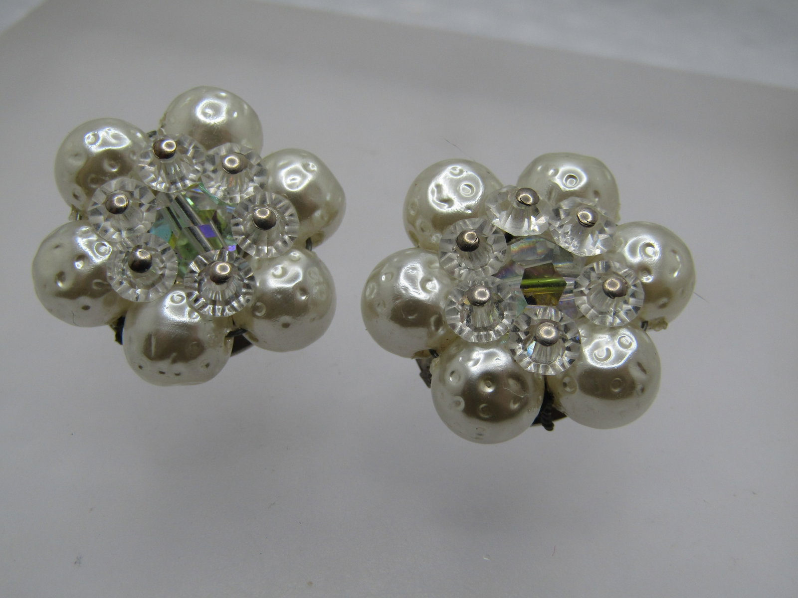 Vintage Faux Pearl & Crystal Earrings, Clip, 1940's-1950's - 3