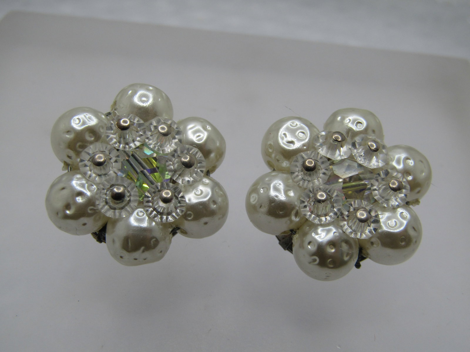 Vintage Faux Pearl & Crystal Earrings, Clip, 1940's-1950's - 4