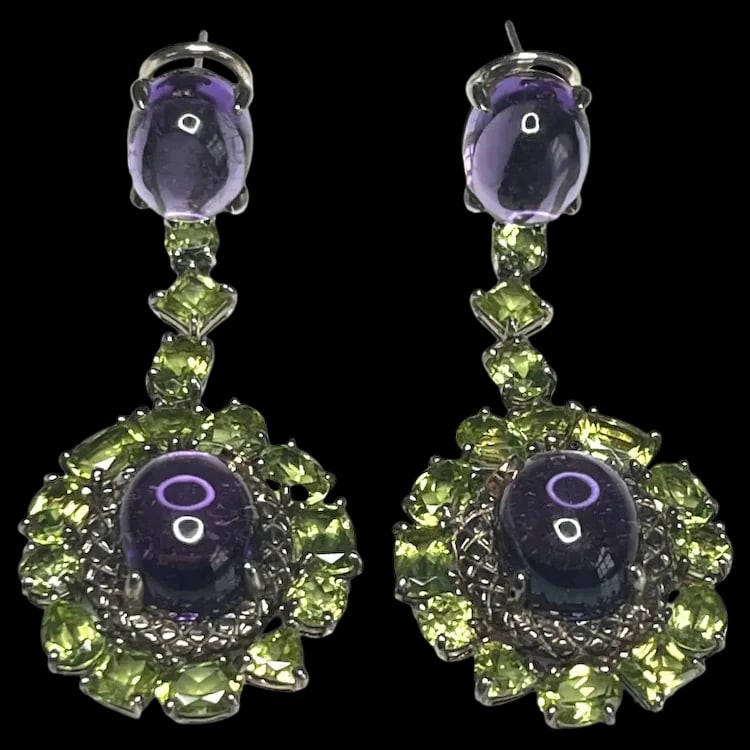 Estate Signed Sterling Silver 18k Amethyst Cabochon, Peridot, and Diamond Statement Earrings (1 of 11)