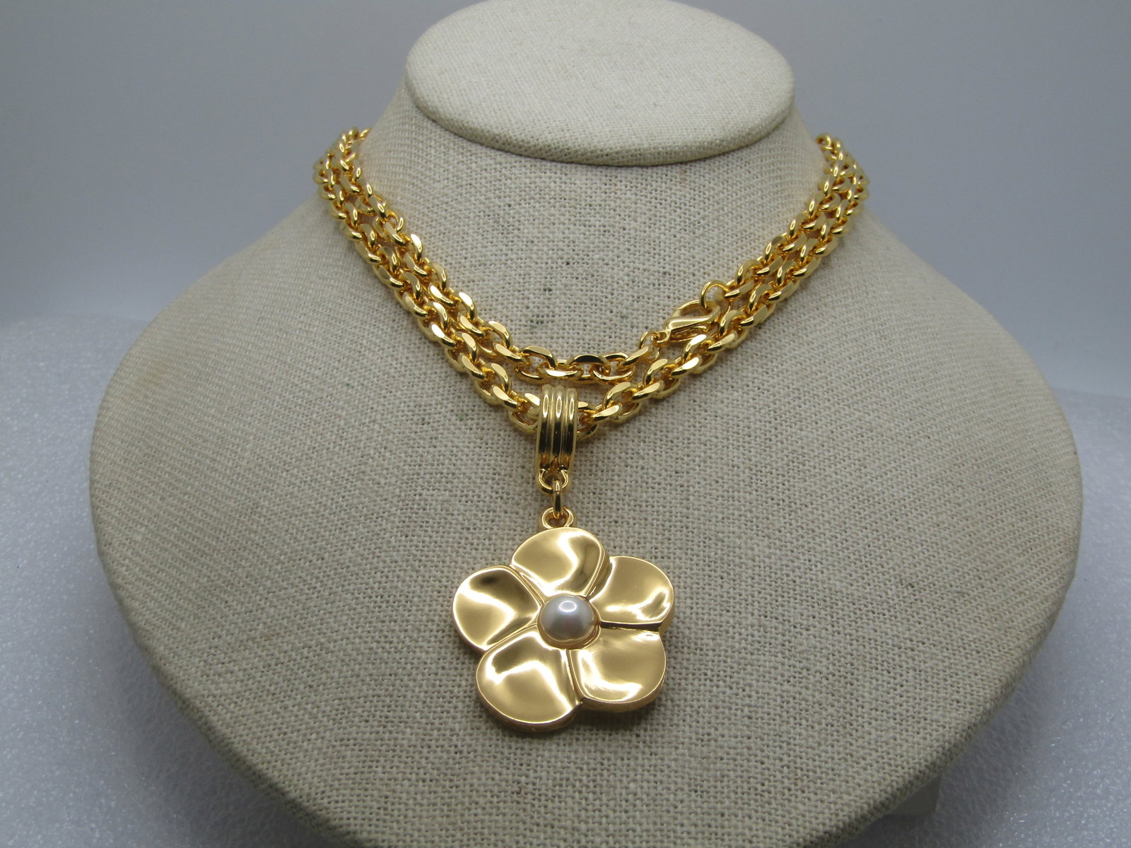 Vintage Gold Floral Blossom Necklace, 36", Faux Pearl, 1990's - 4