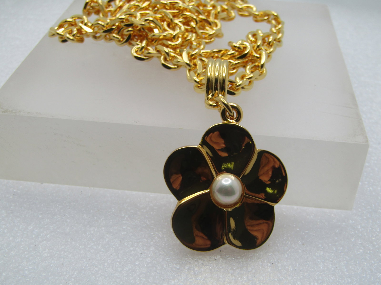 Vintage Gold Floral Blossom Necklace, 36", Faux Pearl, 1990's - 5