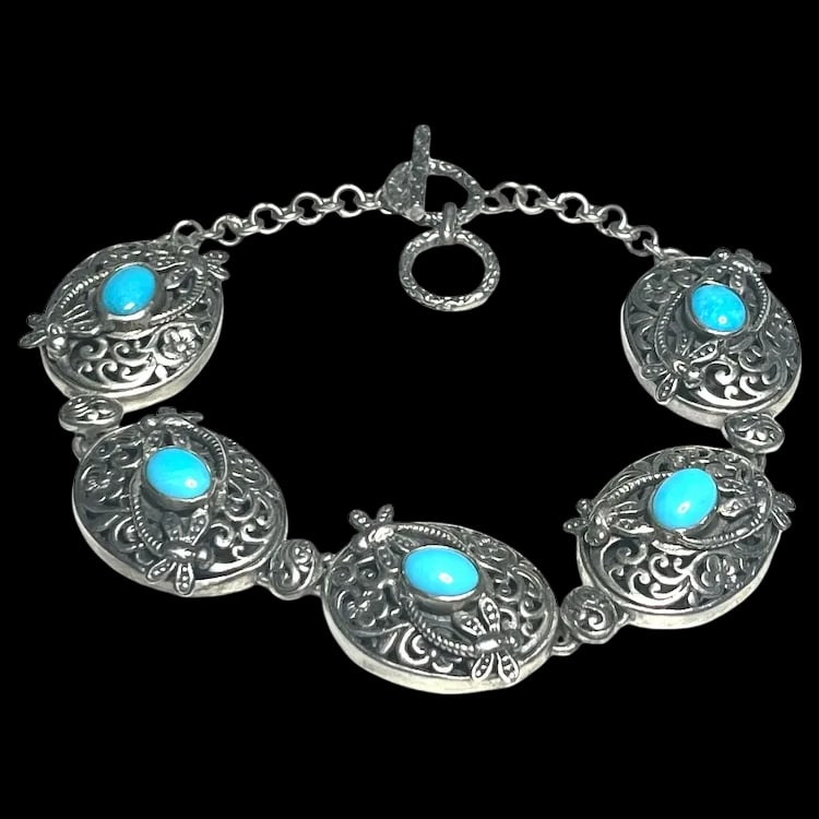 Estate Bali Legacy Sleeping Beauty Sterling Silver Turquoise Dragonfly Toggle Clasp Bracelet (1 of 7)