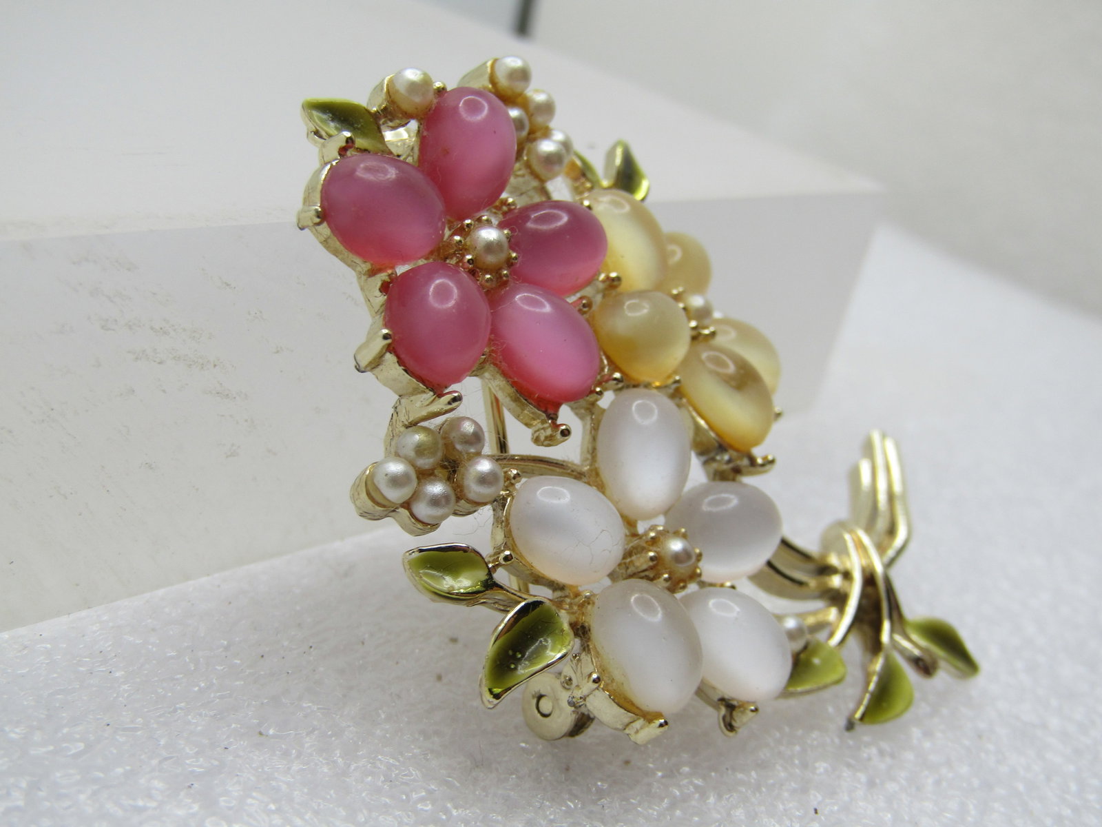 Vintage Floral Brooch, Faux Pearls and Glass Cateye Stones, 1960's, - 2