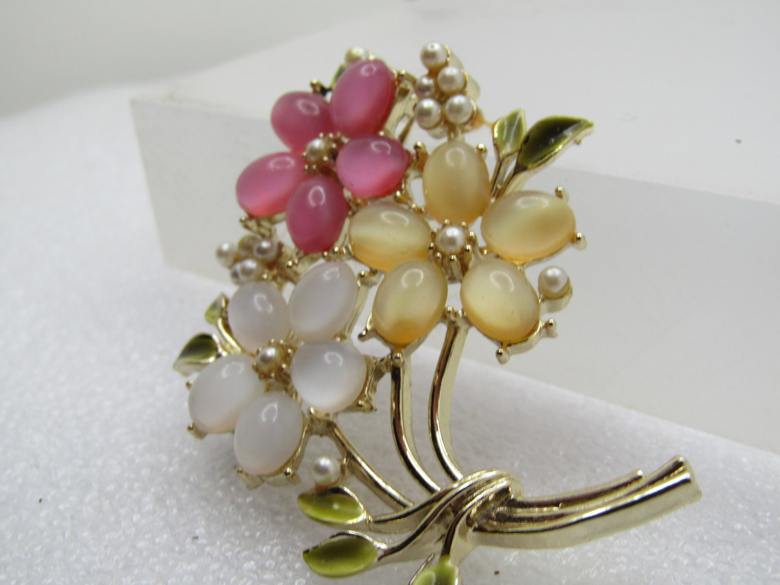 Vintage Floral Brooch, Faux Pearls and Glass Cateye Stones, 1960's, - 3